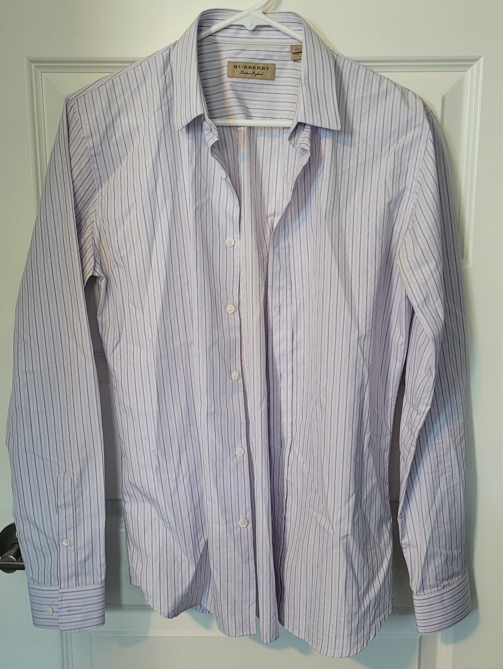 Burberry London Men’s Slim Fit Dress Shirt 15.5 39 Purple White Gray Stripe
